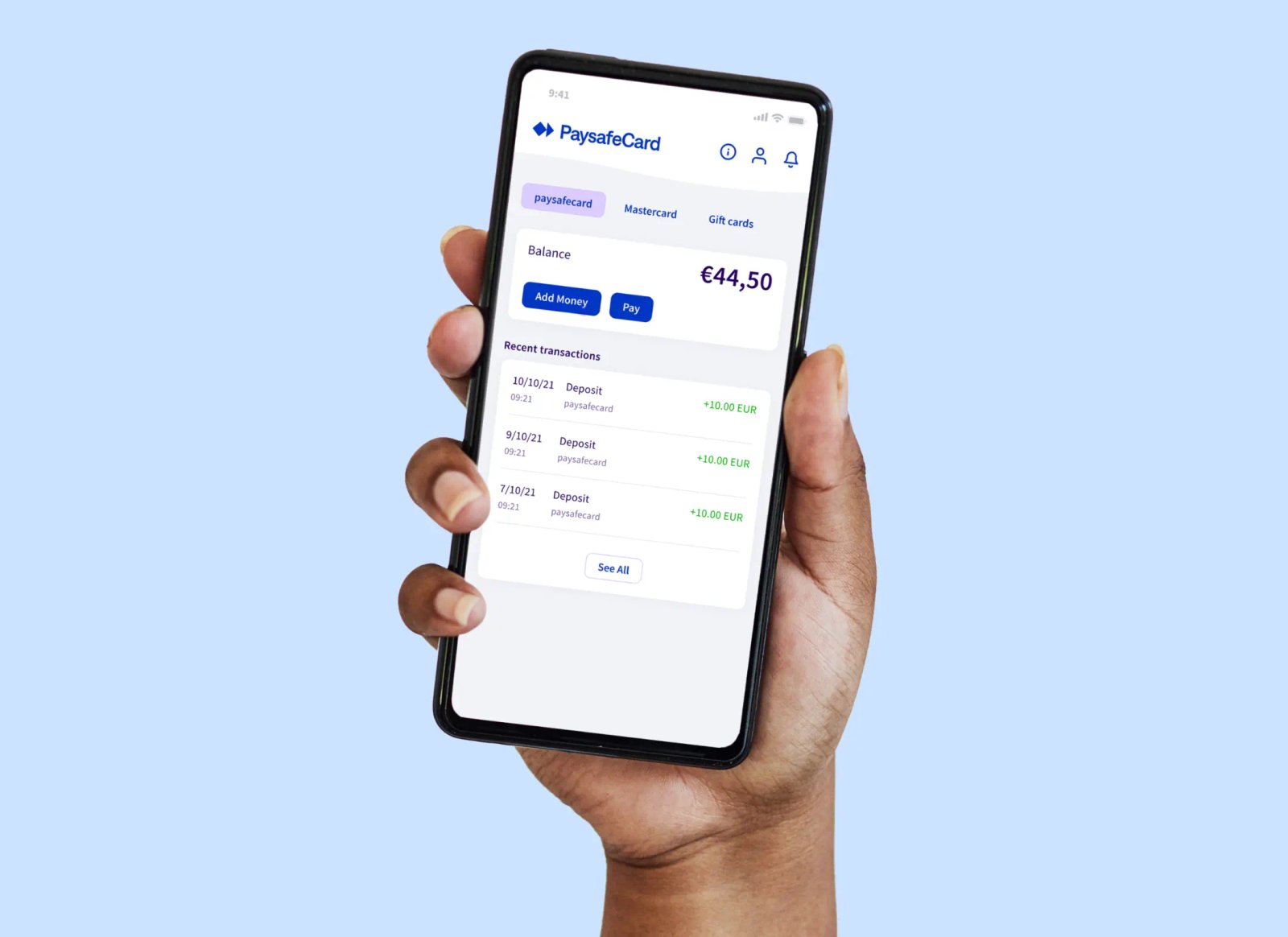 Forhåndsvisning af PaysafeCard-app